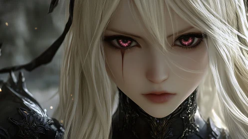 Pale warrior gazes with burning crimson arcane eyes.