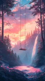 Suspended forest swing drifts above a sunset waterfall dream