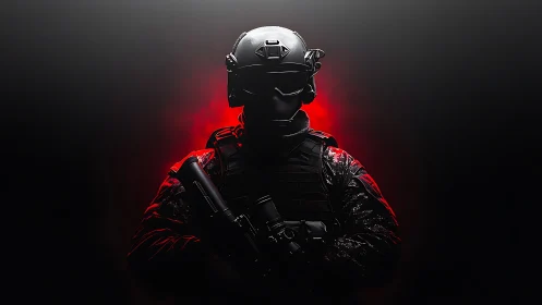 Tactical soldier silhouette with rifle on red backlight.