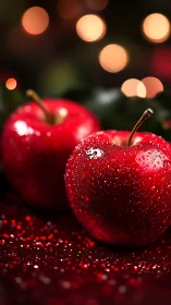 Macro close-up of dew-covered red apples with festive bokeh light