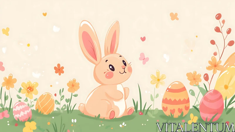 Cute pastel bunny in stylized Easter meadow composition