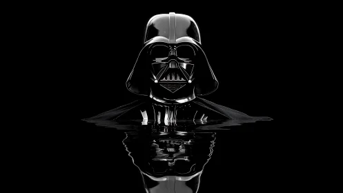 Moody sci fi helmet floats above dark reflective water surface