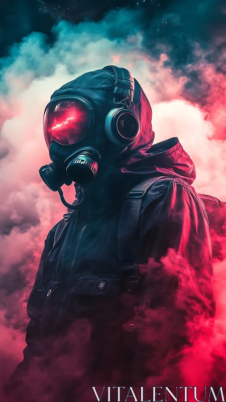 Hooded wanderer in neon mist with glowing mirrored visor.