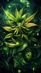 Luminous cannabis rosette in cosmic botanical digital painting.