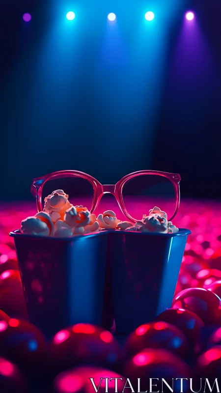 Popcorn wears pink glasses and waits under neon stage lights