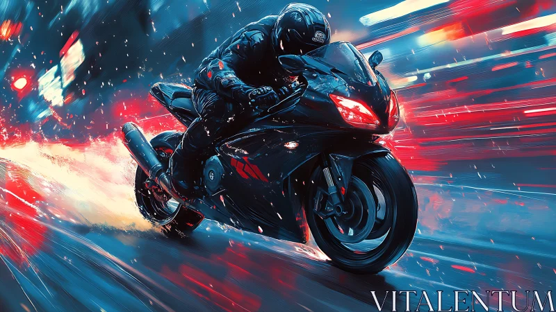 Neon-lit sportbike rider carving wet cyberpunk city street