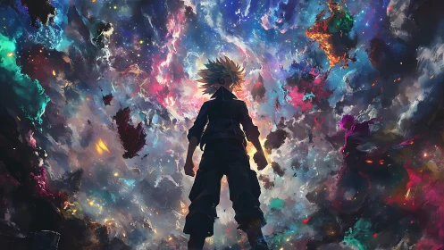 Lone anime hero confronts exploding cosmic nebula sky