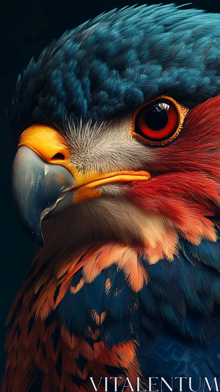 Close-up side profile of a multicolored stylized bird head