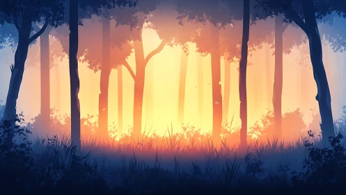 Forest Sunrise Through Trees. Golden Light Breaks Darkness.