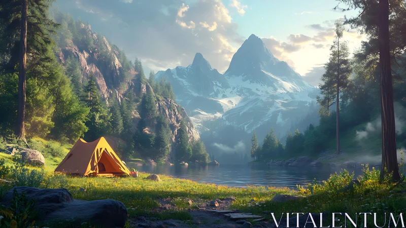 Orange tent beside alpine lake under towering snowy peaks