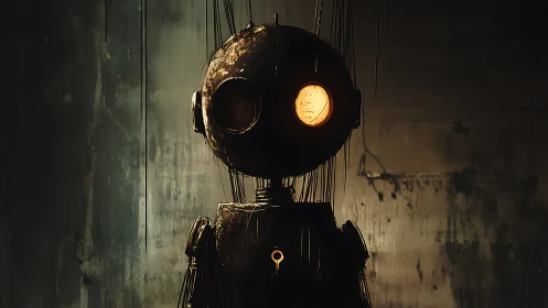 Rusted marionette robot stands under dim industrial light