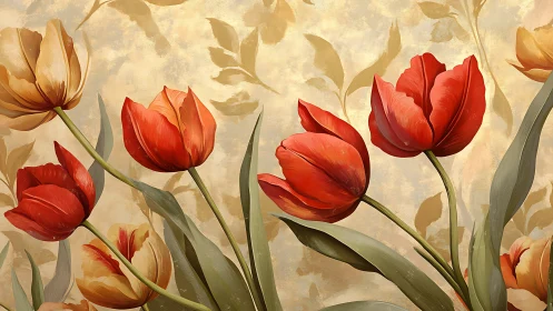 Layered digital tulip study with textured leaves and muted backdrop