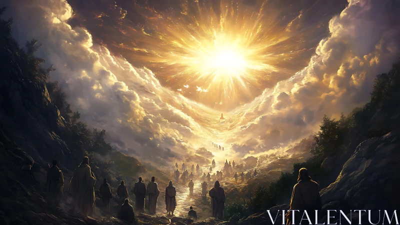 Digital painting of pilgrims ascending toward radiant heavens.