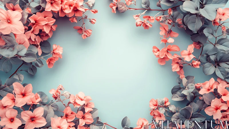 Coral Geraniums Frame Serene Turquoise Canvas.