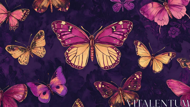 Midnight orchard of magenta butterflies in quiet orbit.