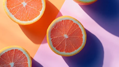 Grapefruit slices glow on pastel orange and pink backdrop.