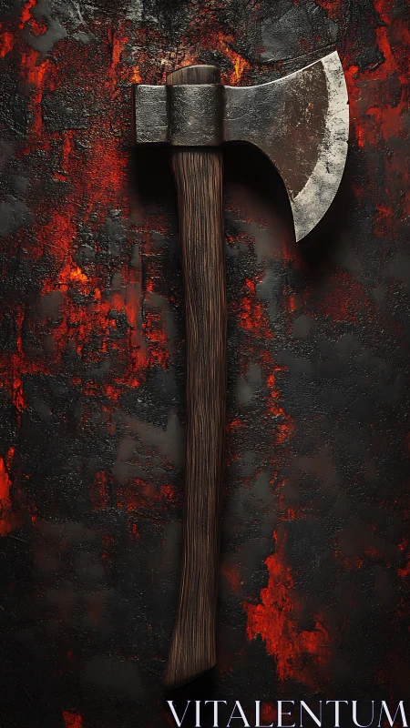 Weathered battle axe on molten-textured charred backdrop.