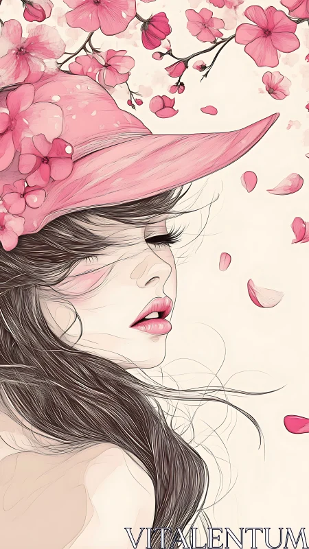 Pink hat girl surrounded by soft cherry blossoms petals.