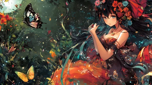 Butterfly-crowned maiden drifts through luminous forest night.