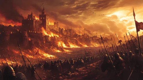 Medieval army assaults burning fortress city at sunset.
