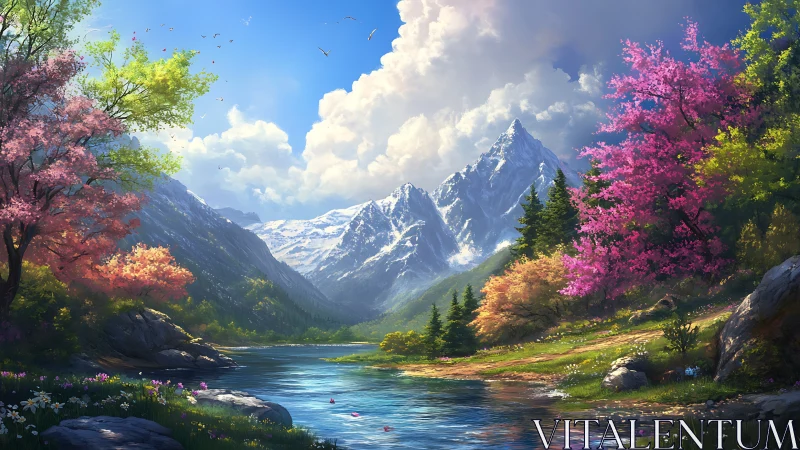 Vibrant alpine valley river beneath snow capped mountain range