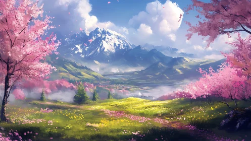 Blossoming valley unfolds beneath majestic snowy mountains.