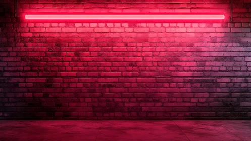 Horizontal magenta neon tube lighting over textured brick wall