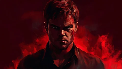 Digital painting portrait with infernal red chiaroscuro lighting.