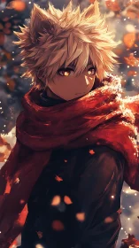 Fox-eared boy in red scarf under glowing autumn snowfall.
