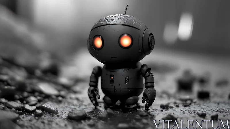 Small wet robot stands on rocky ground in shallow depth