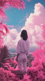 Woman contemplates a dreamlike pink landscape under vast clouds