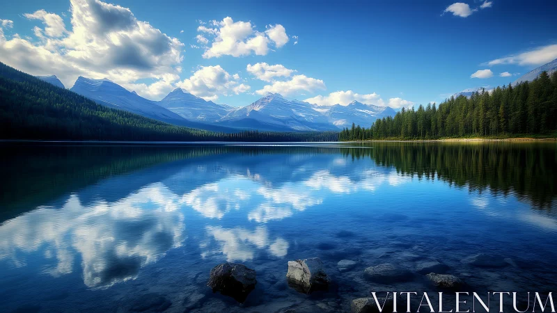 Mountain lake with forest shoreline and cloud reflections.