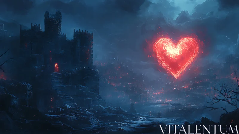 Glowing Heart Illuminates Desolate Medieval Fortress Landscape
