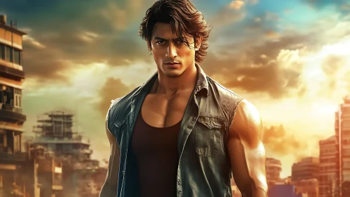 Confident city hero standing strong in golden evening light.