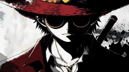 Shadowed anime swordsman in red hat and coat, ink splatter backdrop.