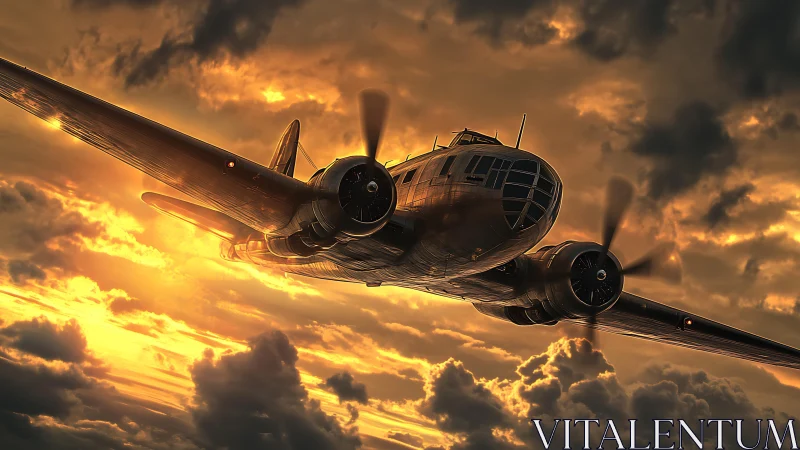 Twin‑engine vintage bomber rendered in sunset cloudscape
