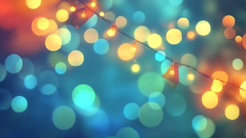String lights glow softly amid dreamy multicolor bokeh.