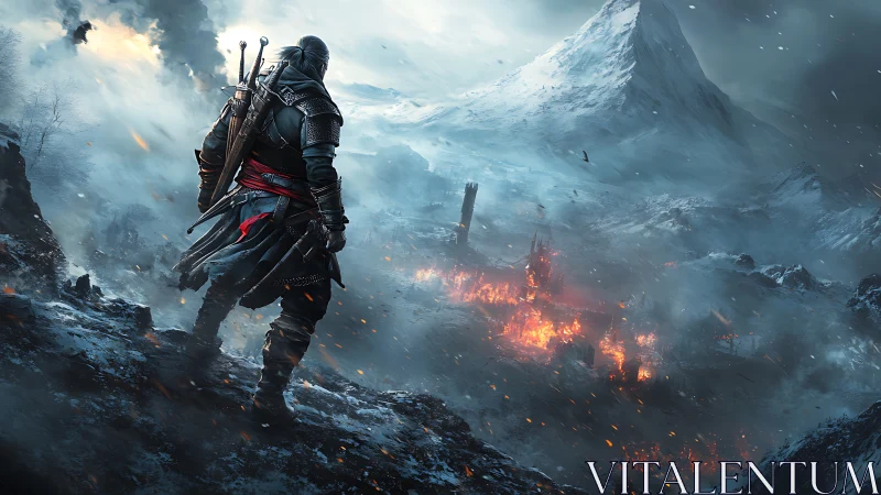 Armored swordsman surveying incinerated valley beneath glacial peak.