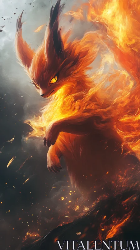 Fiery fox-like creature in swirling orange and black flames.