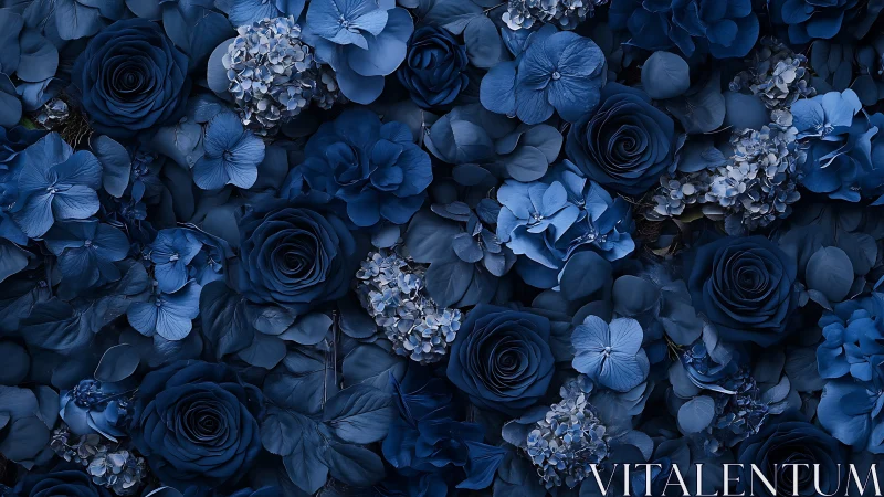 Monochromatic Blue Floral Composition with Layered Botanical Elements.