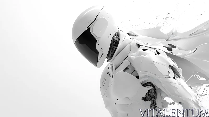 Futuristic white android in fragmented flowing armor.