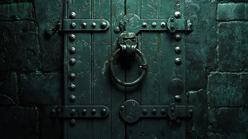Heavily riveted metal door with ring handle in stone wall.