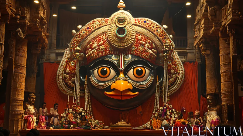 Photorealistic temple tableau with ornate ceremonial deity mask.