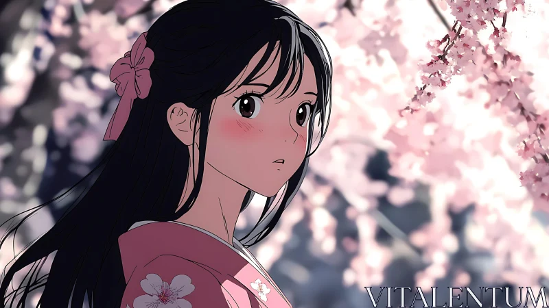 Blushing girl in kimono beneath luminous cherry blossoms.