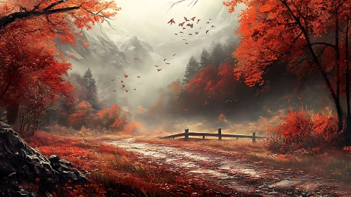 Crimson forest path breathing mist and migrating whispers.