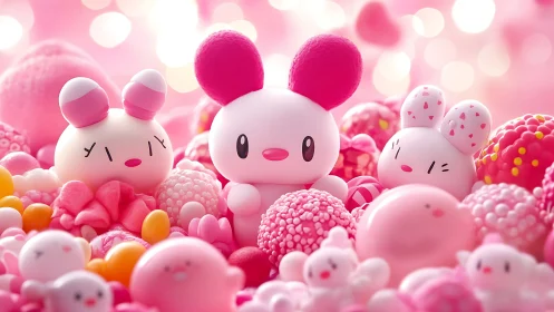 Pink rabbit figures among assorted pastel candy shapes.