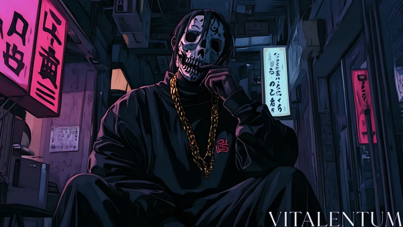 Cyberpunk skull-masked figure in neon alleyway portrait.