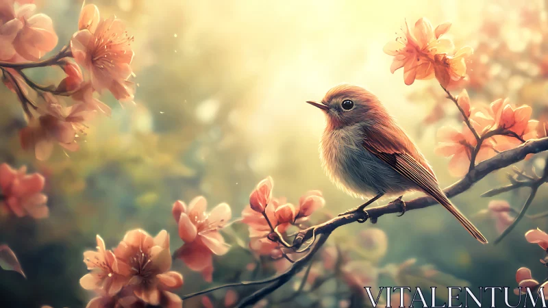 Backlit songbird on cherry branch in soft atmospheric bloom.