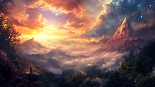 Lone figure overlooking glowing fantasy mountain valley.