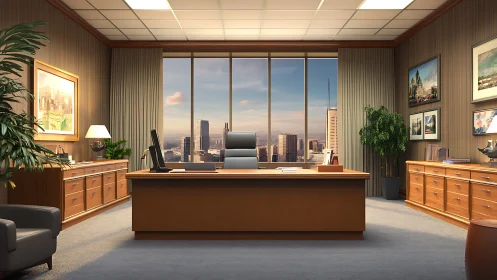 Corner office throne above a honeyed high-rise skyline.
